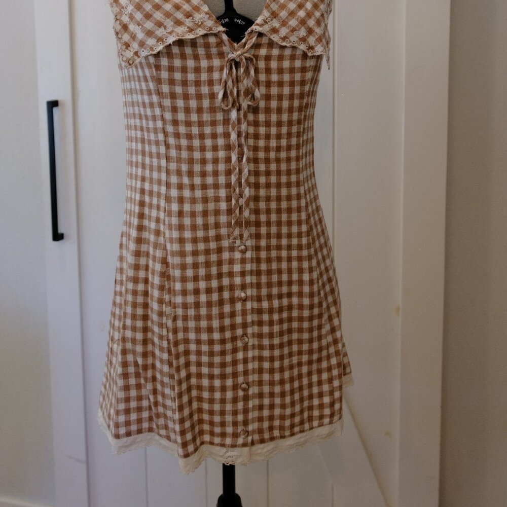 Zara tan and white Gingham Embroidered collar sundress - M - Picture 5 of 5